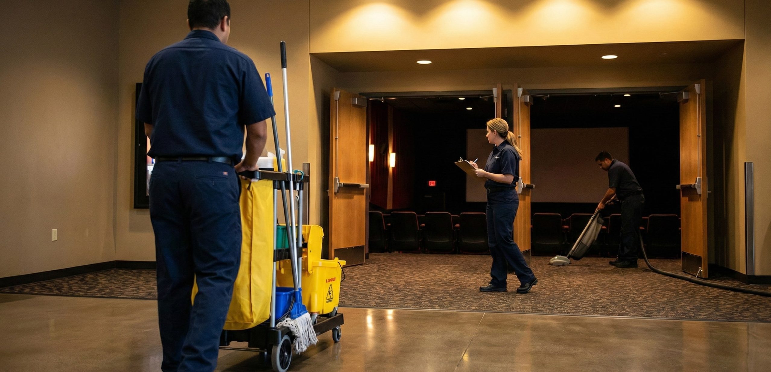 Three janitors tackle movie theater cleaning: one pushes a cart, another vacuums the carpet, while the third walks toward the entrance holding cleaning supplies.