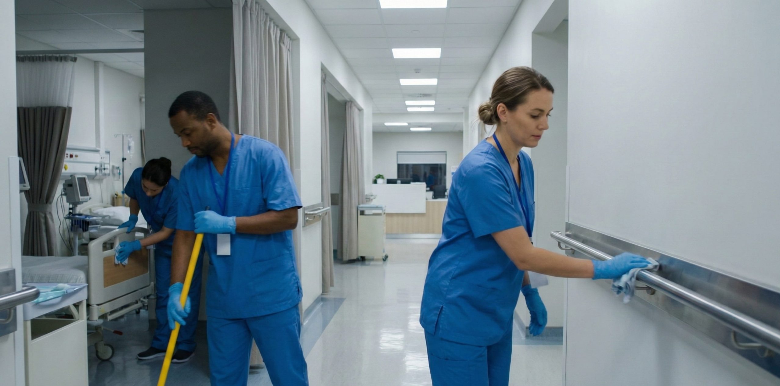 Three healthcare workers in blue scrubs perform medical institution cleaning, disinfecting a hospital hallway and patient room, with one mopping and another wiping a handrail.