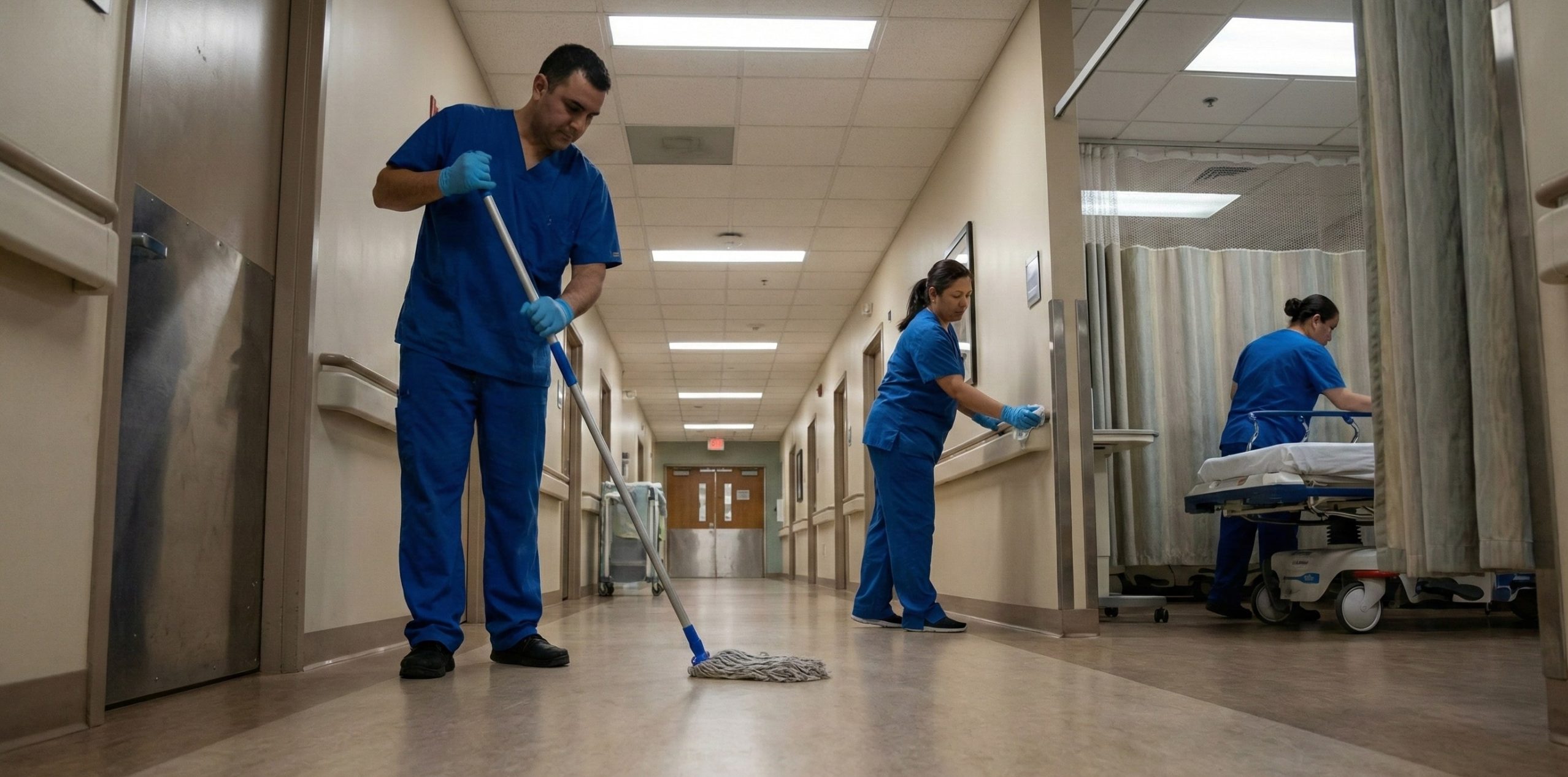Three people in blue scrubs perform medical institution cleaning in a hospital hallway; one mops the floor, another wipes a surface, and a third pushes a hospital bed.