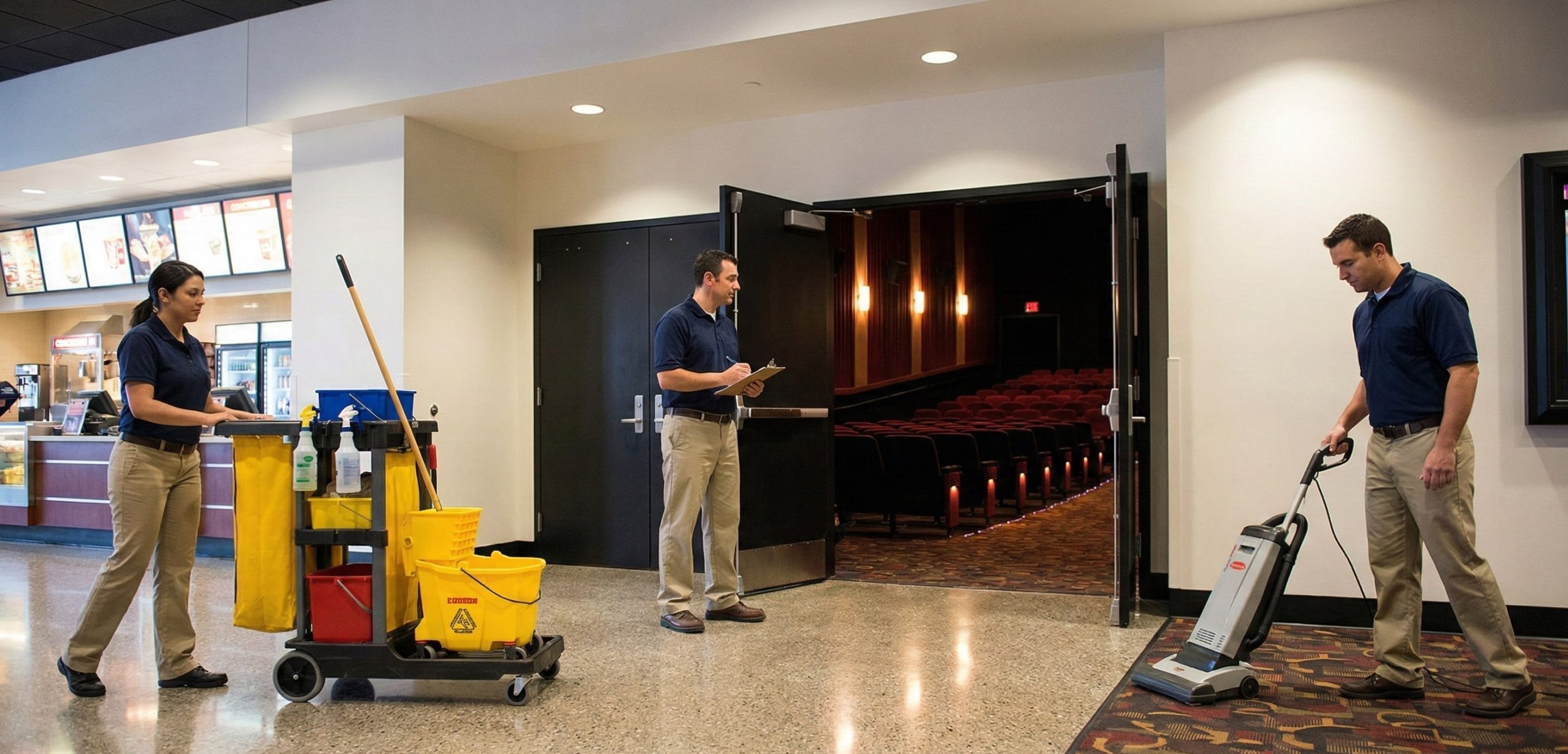 Three janitors in uniform are busy with movie theater cleaning, using a mop cart, clipboard, and vacuum near the entrance to the auditorium.