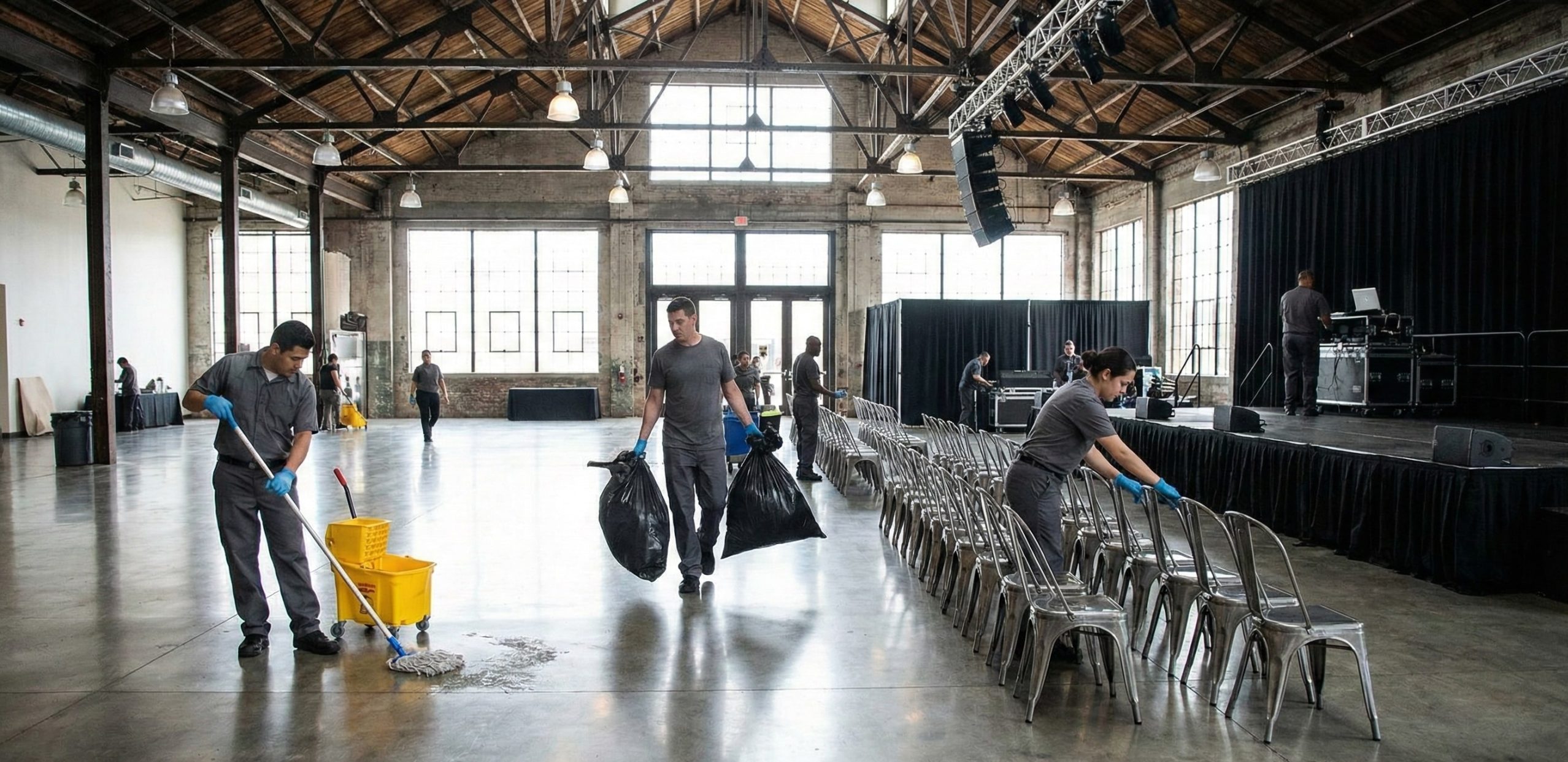 Several workers perform post-event cleaning as they arrange chairs in a large, empty event hall with high ceilings and expansive windows.
