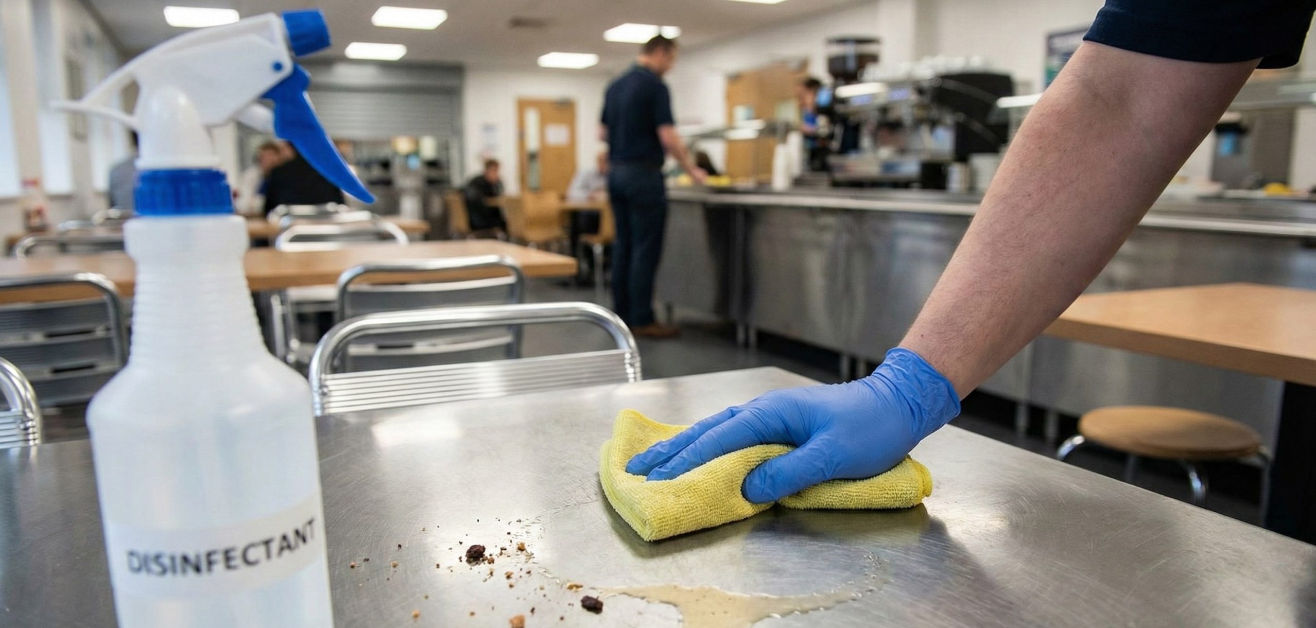 A person wearing a blue glove wipes a spill off a metal table with a yellow cloth; cafeteria cleaning supplies, including a disinfectant spray bottle, are nearby in the cafeteria setting.