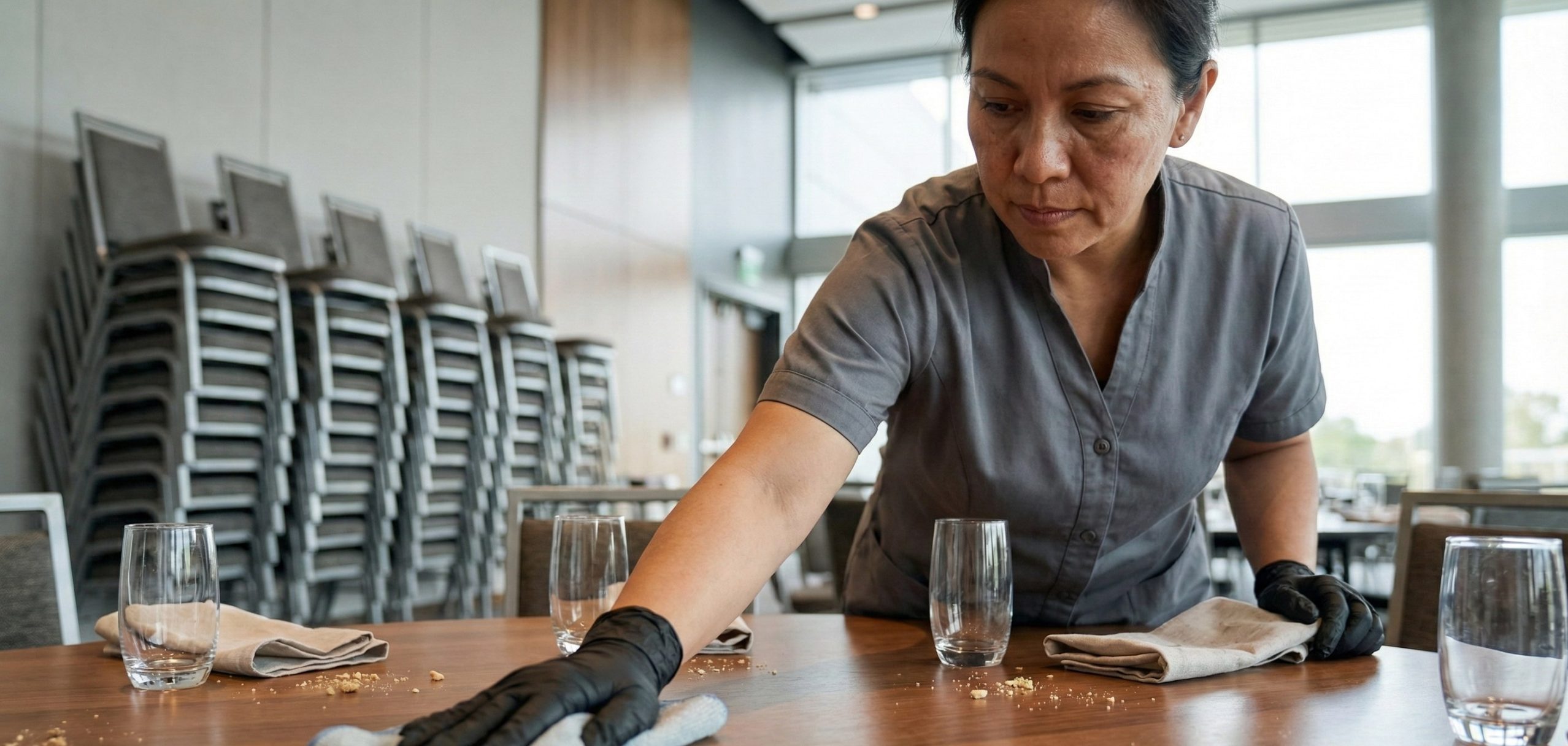 A person wearing gloves performs post-event cleaning, wiping crumbs off a wooden table set with glasses and napkins in a modern dining area. Stacked chairs are visible in the background.