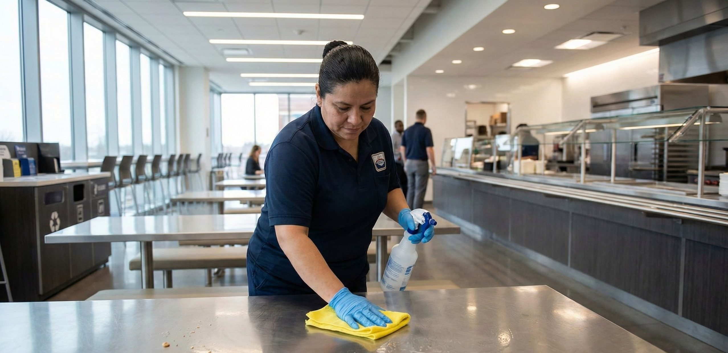 A person wearing gloves performs cafeteria cleaning, wiping a table with a yellow cloth and spray bottle in a mostly empty cafeteria.