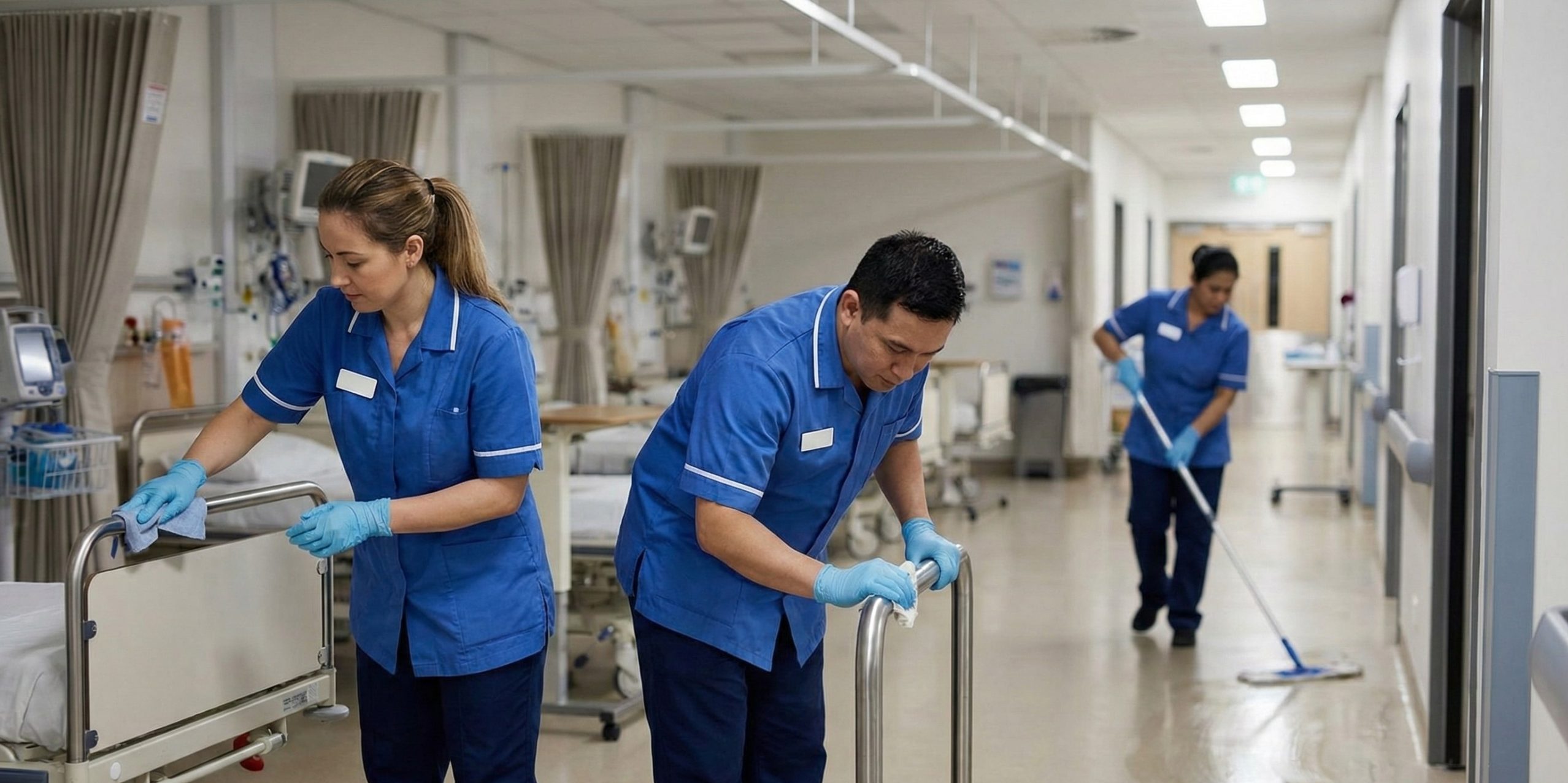 Three healthcare workers in blue uniforms carry out medical institution cleaning, thoroughly sanitizing hospital beds and floors in a ward.