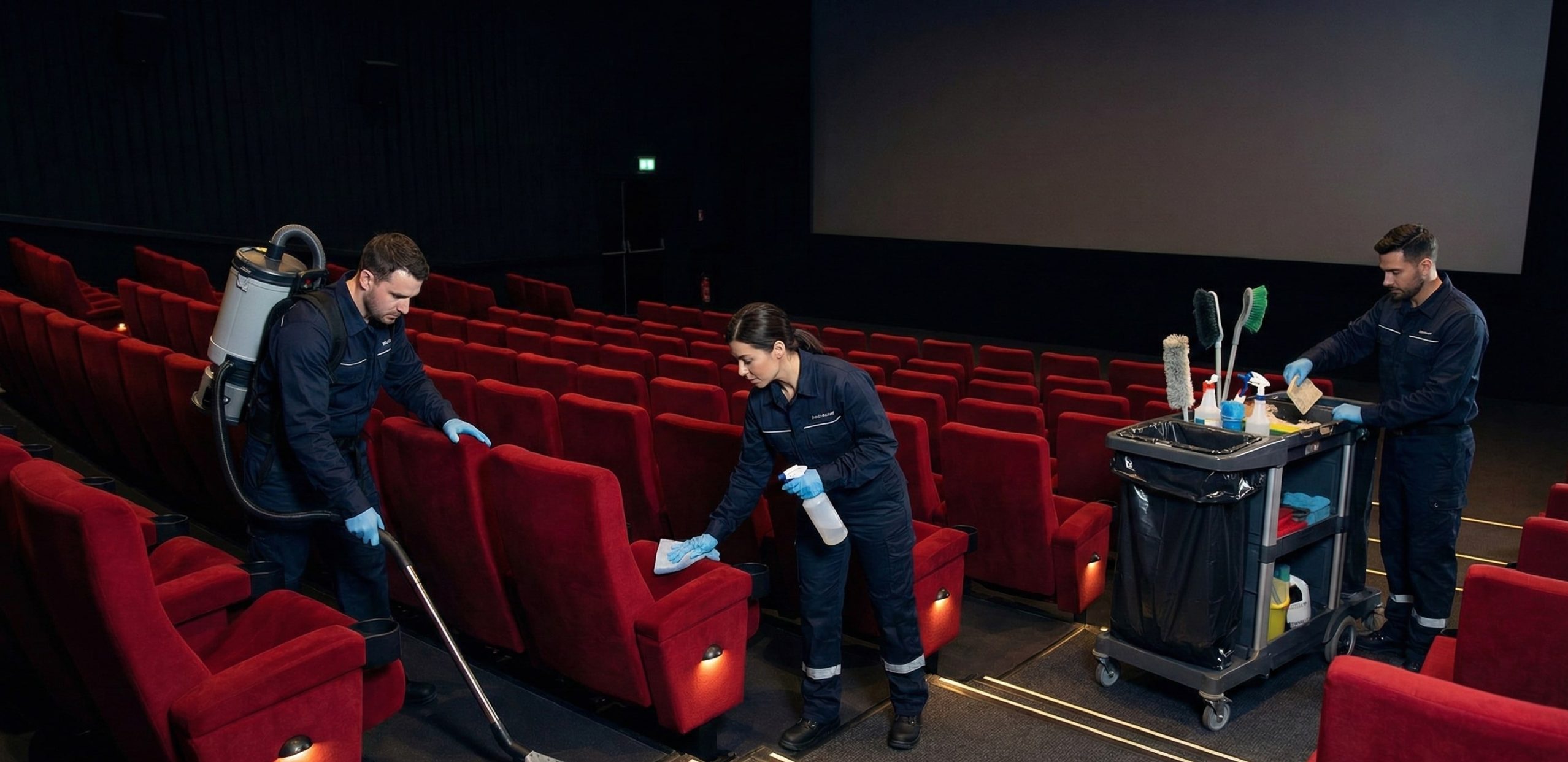 Three janitors in uniforms perform movie theater cleaning, tidying up red seats with cleaning supplies, a vacuum, and a cart.