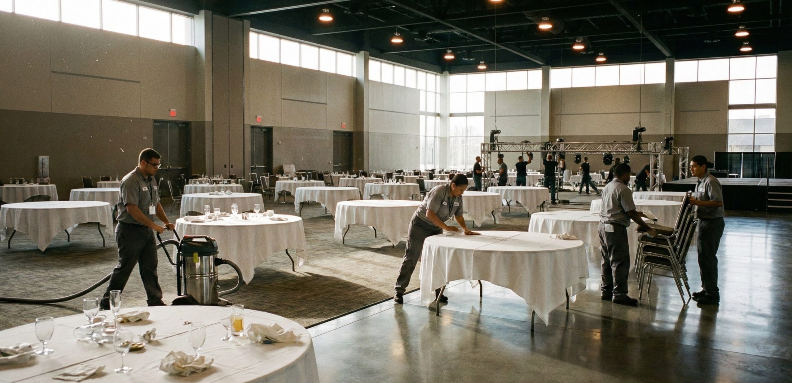 Four workers perform post-event cleaning, clearing tables in a large, well-lit banquet hall after an event; empty chairs and tables are scattered throughout the room.