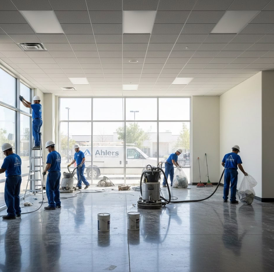 A group of workers in blue uniforms perform post-construction cleaning, maintaining a large, empty commercial space with windows and equipment.
