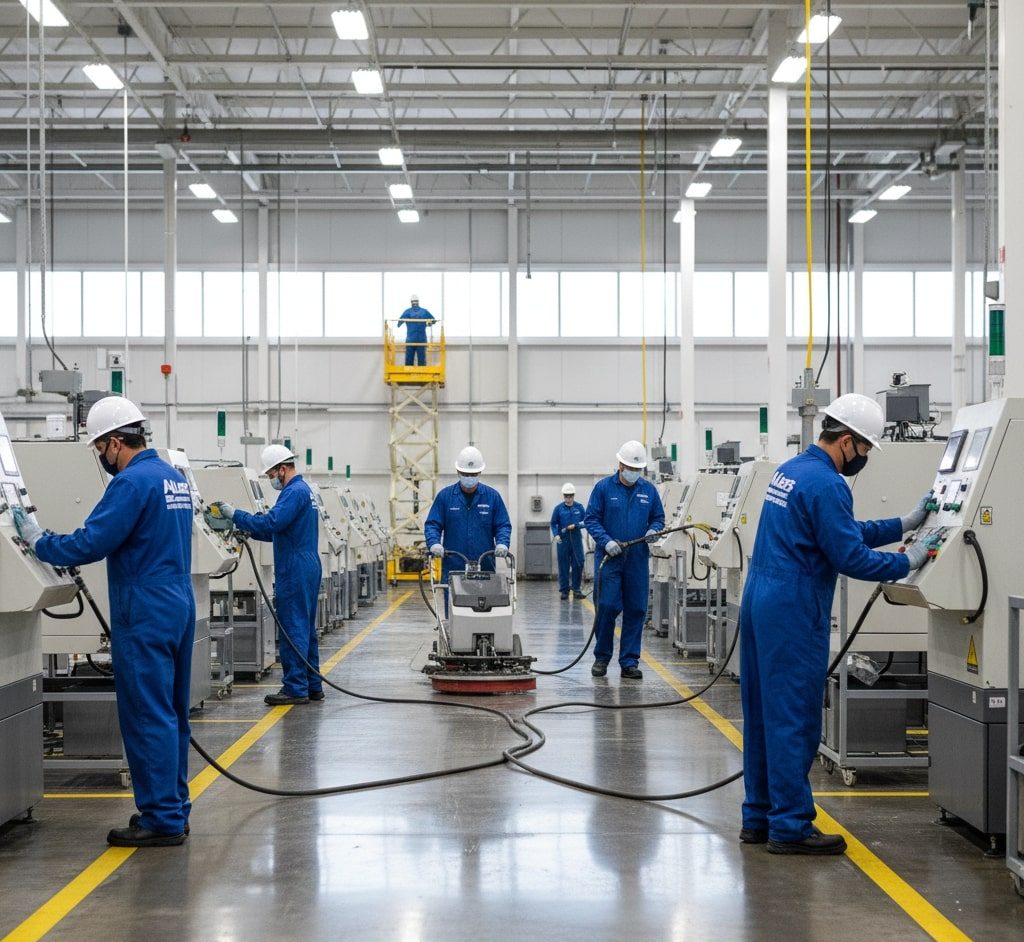 Workers in blue uniforms and white helmets operate machinery in a clean, organized factory, while one person uses a floor-cleaning machine as part of routine facility cleaning in the center aisle.