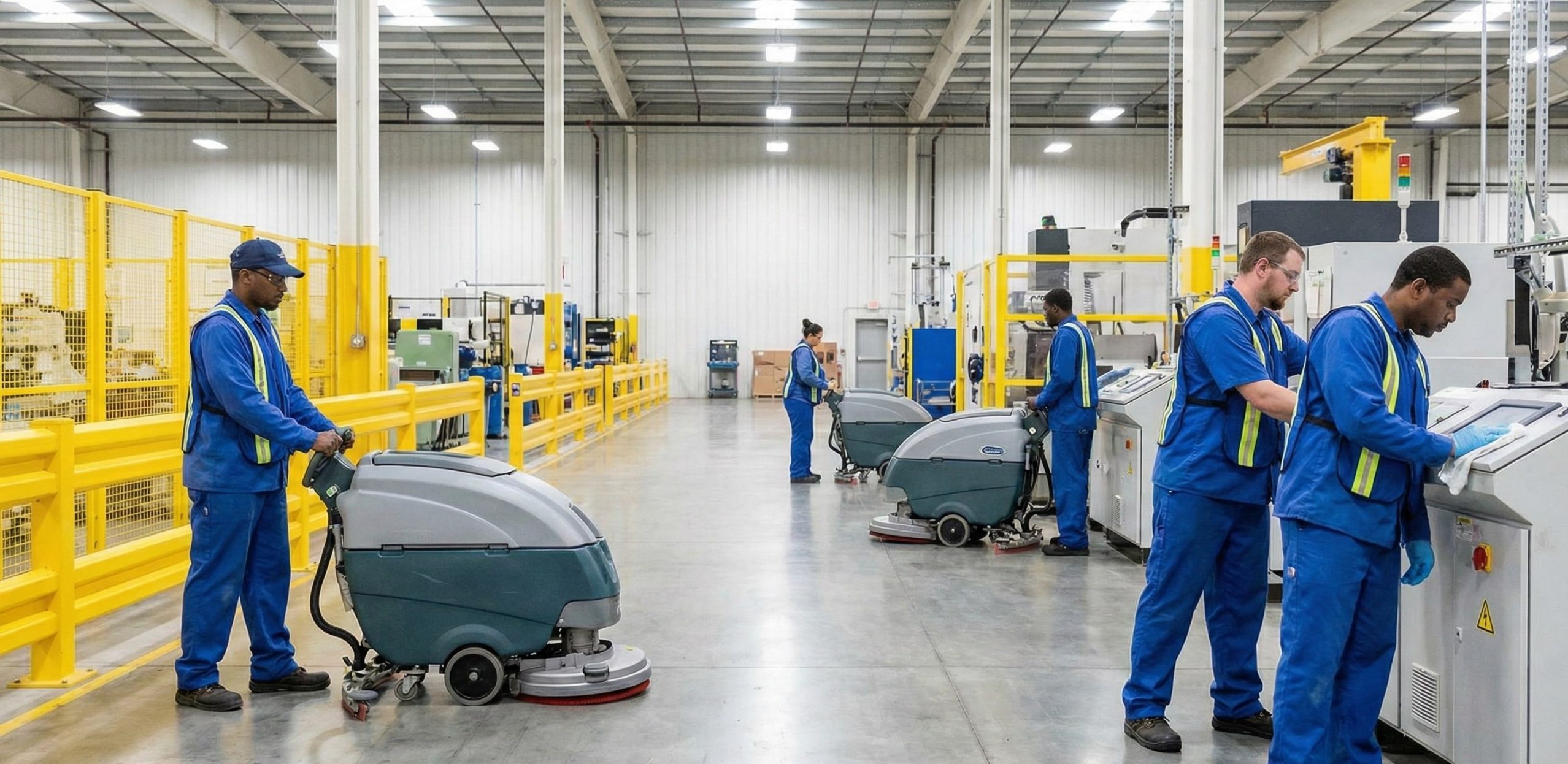Workers in blue uniforms operate cleaning machines and monitor control panels on a factory floor, ensuring thorough facility cleaning amid yellow barriers and industrial equipment.