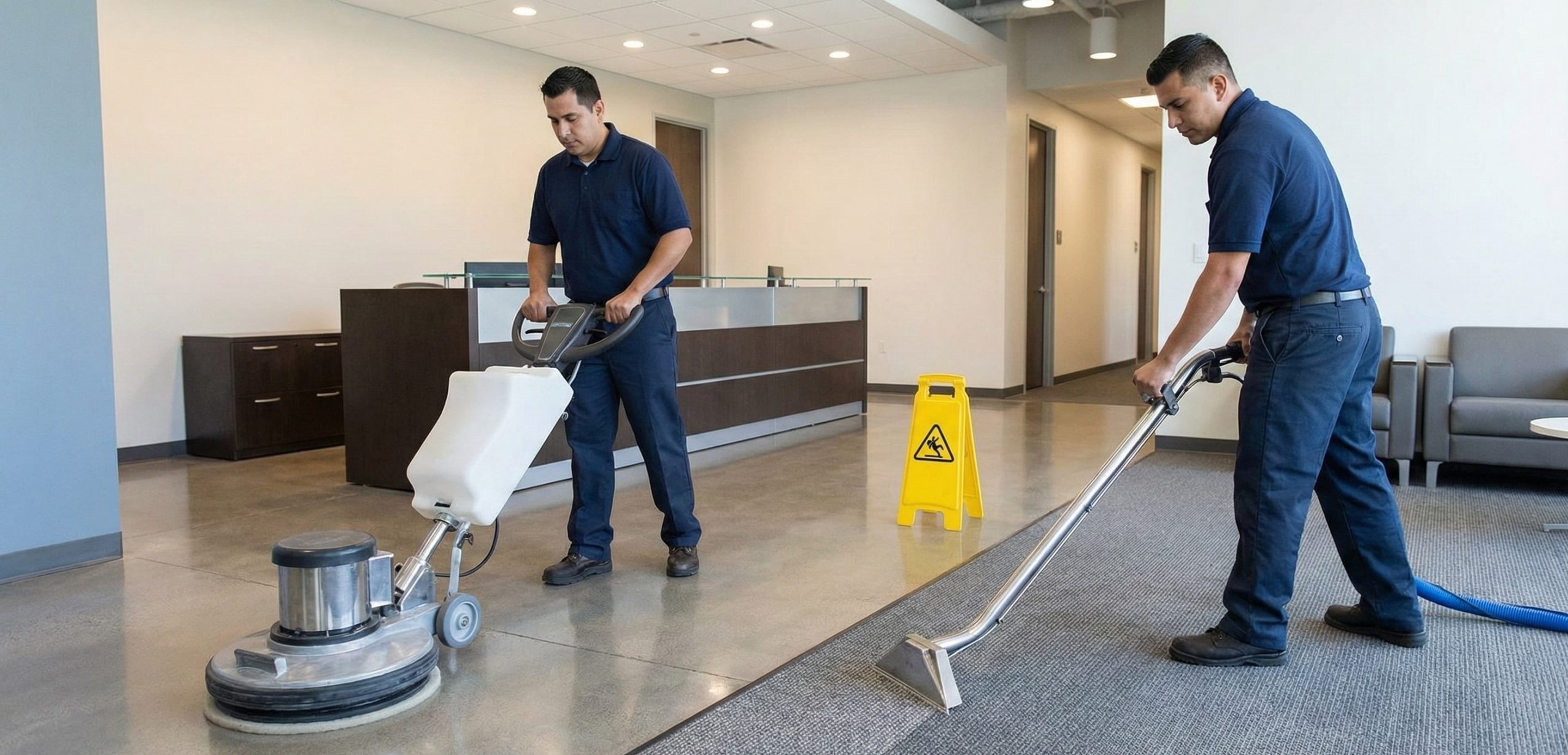 Two workers are providing floor care in an office; one uses a floor buffer on hard flooring while the other operates a carpet cleaning machine. A caution sign is visible in the background.