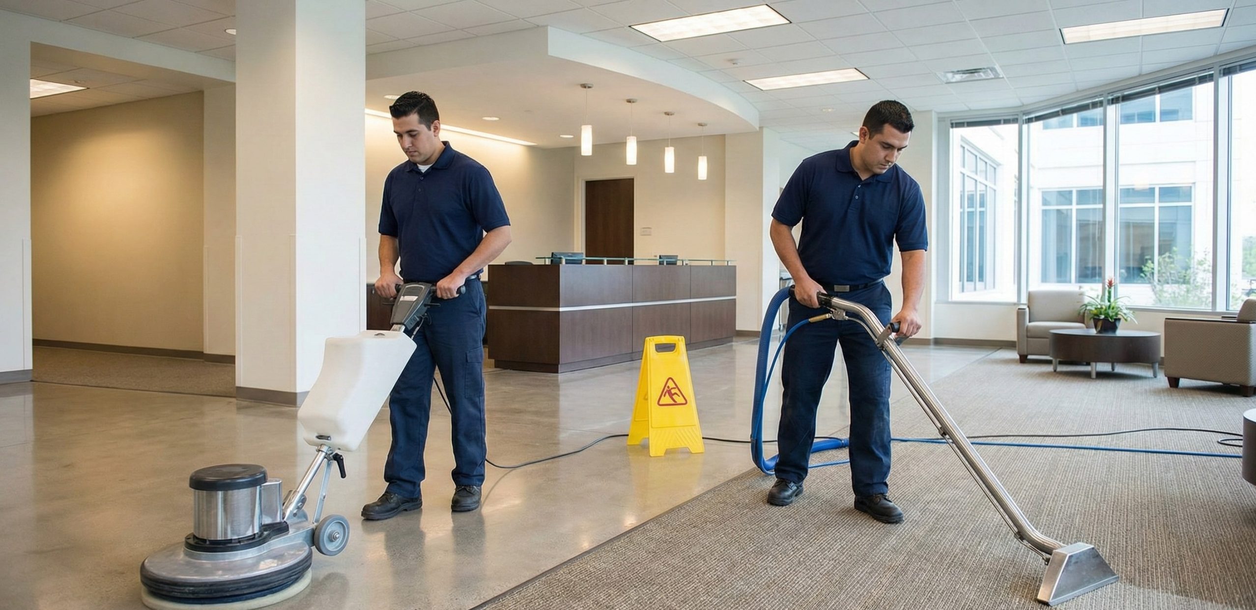 Two workers in uniform provide expert floor care as one uses a buffer on tile and the other operates a carpet cleaning machine. A caution sign is placed nearby for safety.