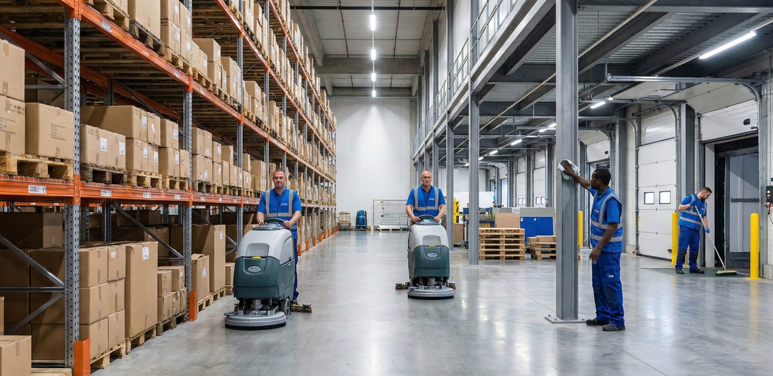 Two workers operate floor cleaning machines in a warehouse with shelves of boxes, highlighting the importance of facility cleaning, while another leans against a pillar and a fourth stands near an open loading dock.