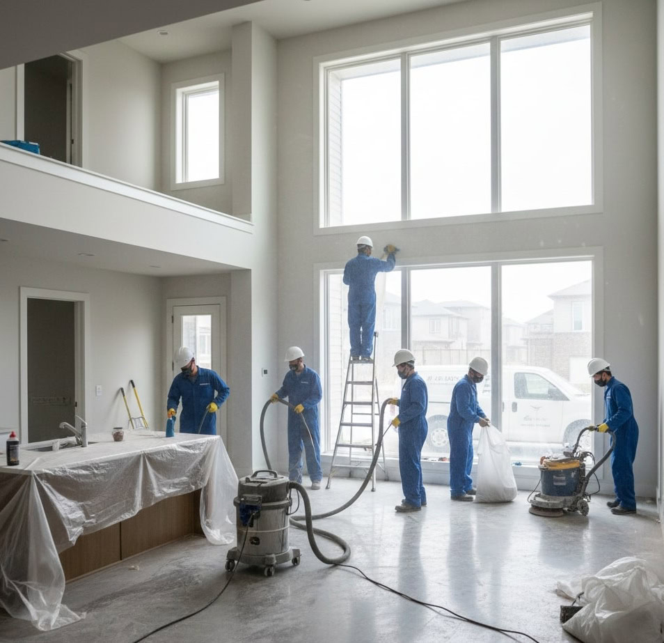 Six workers in blue uniforms and hard hats perform post-construction cleaning, using vacuums and tools to tidy the interior of a house under construction near large windows and a covered kitchen area.