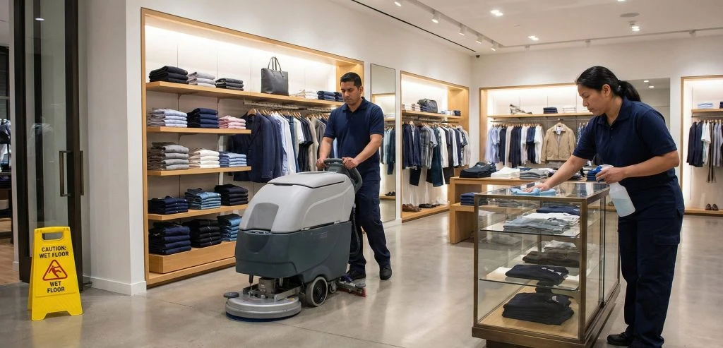 Two custodians perform retail store cleaning; one uses a floor scrubber while the other wipes a glass display. A "Caution Wet Floor" sign ensures customer safety.