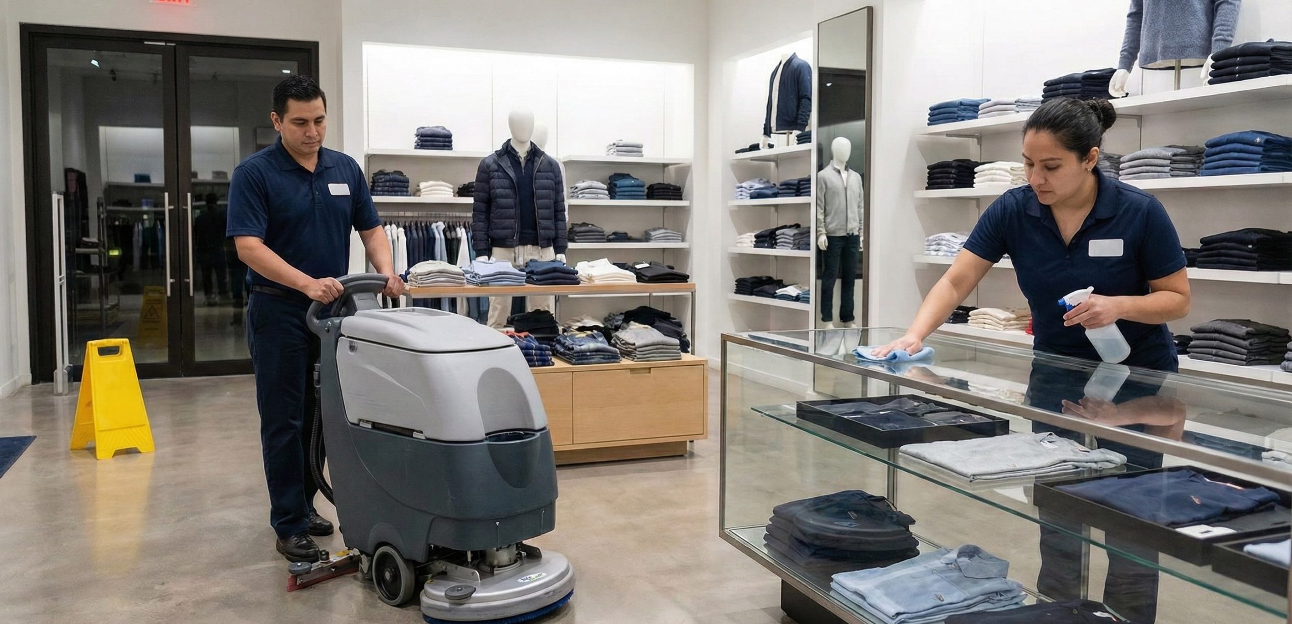 Two employees perform Retail Store Cleaning—one operates a floor cleaning machine while the other wipes down a glass display case. Folded clothes and mannequins are neatly arranged in the background.