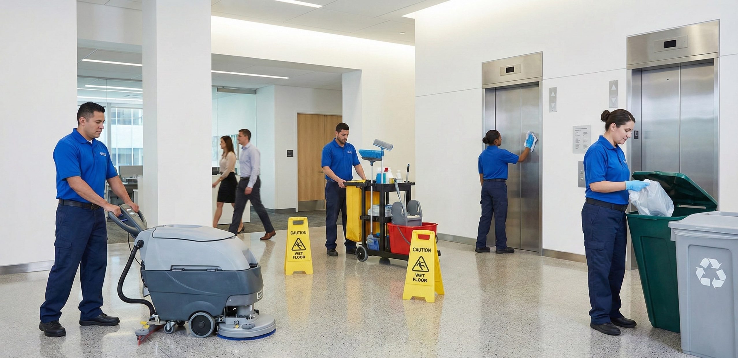 Four janitors in blue uniforms perform facility cleaning in a lobby, using equipment to mop floors, disinfect elevators, and sort trash and recycling. Two people walk by in the background.