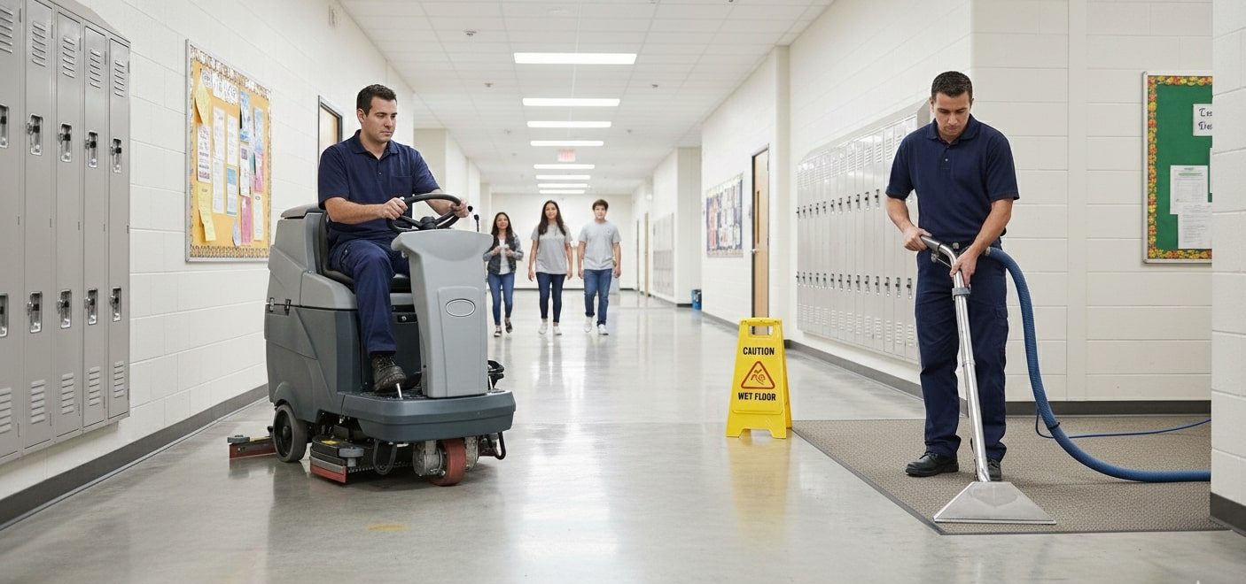 Two janitors perform floor care in a school hallway; one operates a floor cleaning machine, while the other vacuums a mat near a "Caution Wet Floor" sign. A group of students walks in the background.