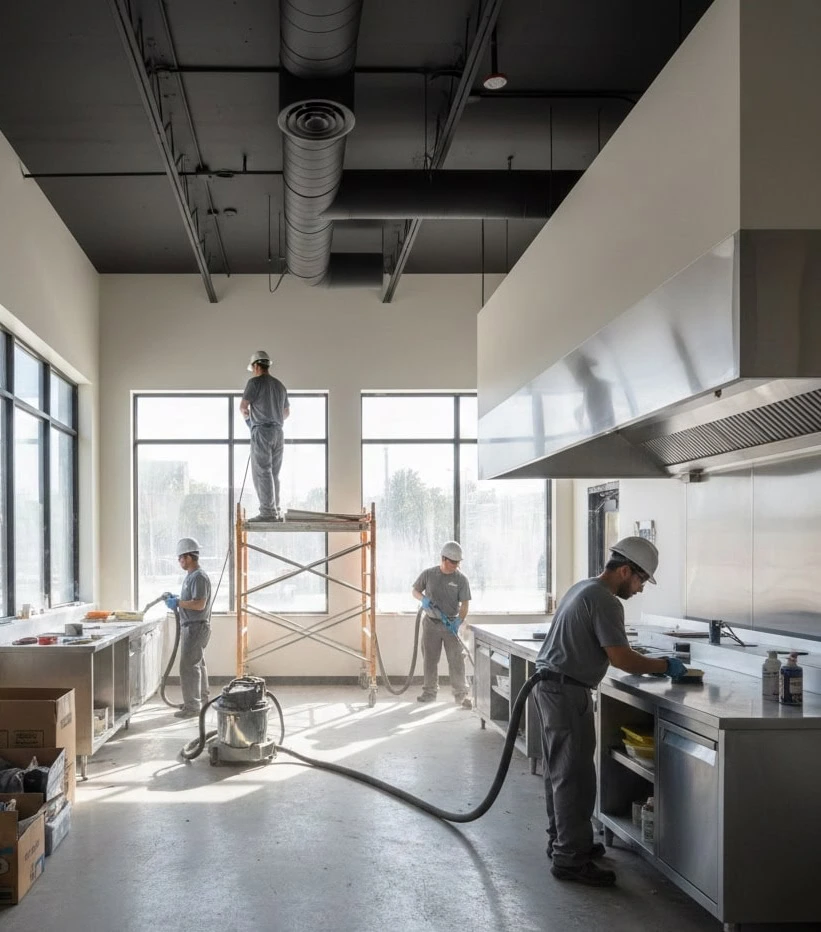 Four construction workers in hard hats perform post-construction cleaning inside a commercial kitchen; one stands on scaffolding cleaning windows while others clean surfaces and operate equipment.