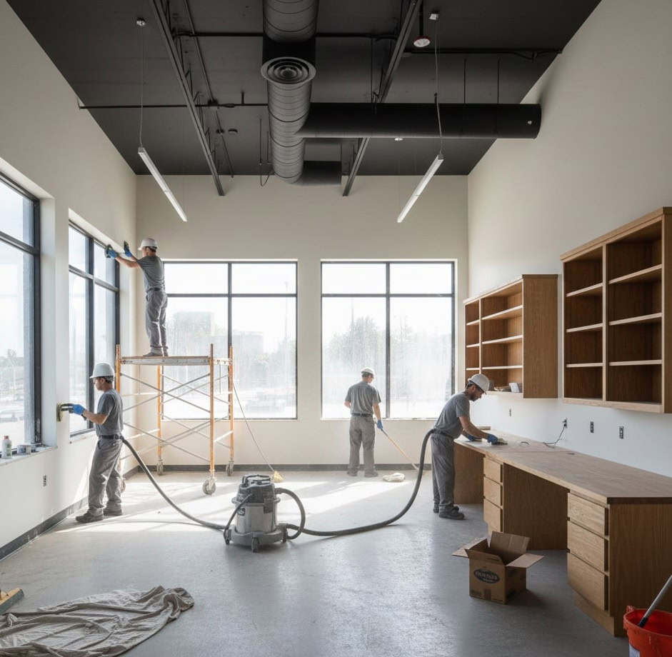 Four construction workers in gray uniforms are renovating a bright office space, performing post-construction cleaning, sanding wood, and organizing materials. Scaffolding and equipment are visible throughout the area.