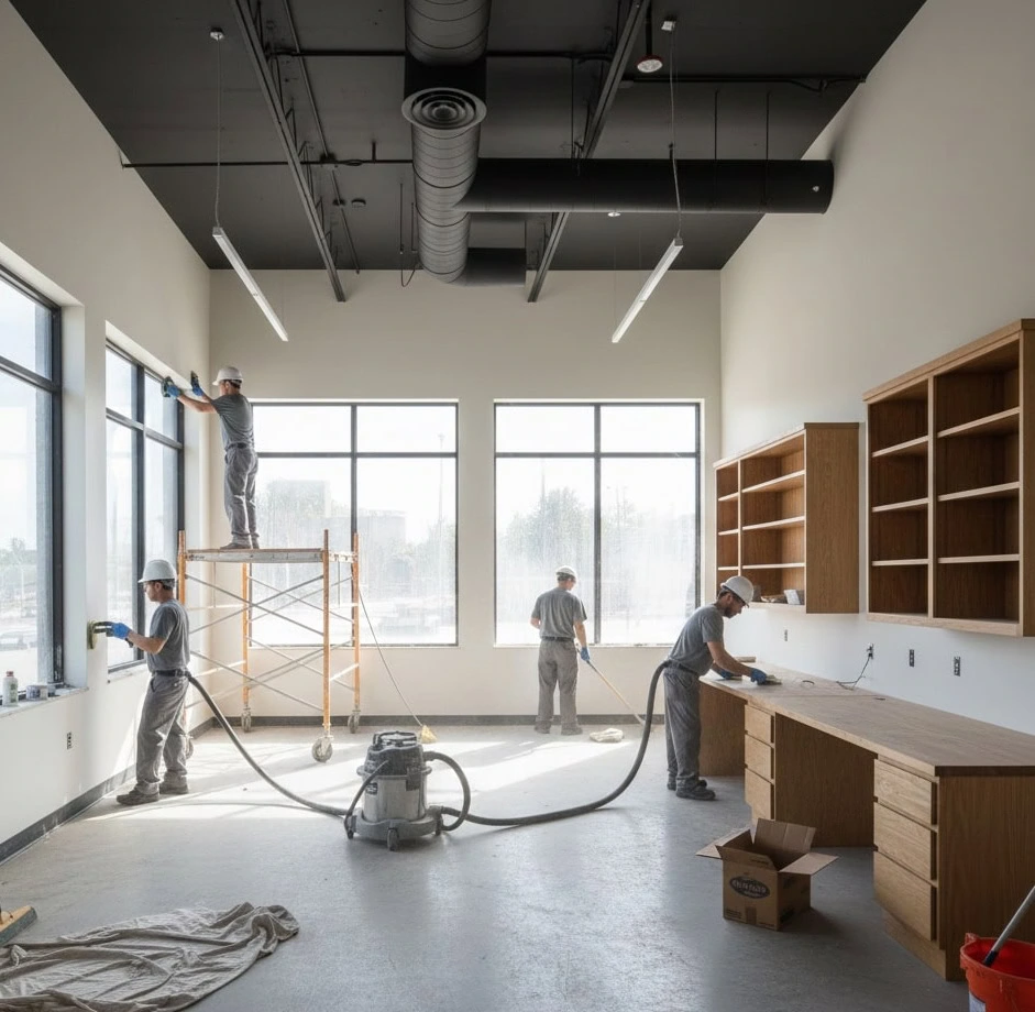 Four construction workers in gray uniforms are renovating a bright office space, performing post-construction cleaning, sanding wood, and organizing materials. Scaffolding and equipment are visible throughout the area.