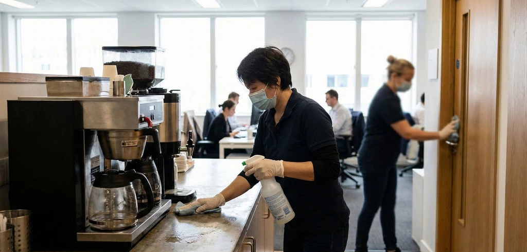Two people in masks and gloves provide office disinfection services in a Kansas City kitchen and door area, while others work at desks in the background.