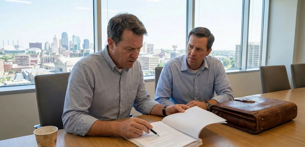 Two men sit at a conference table with documents, a leather briefcase, and a coffee cup; one man gestures to papers related to a commercial cleaning contract in Kansas City while the other listens. City buildings are visible outside the window.