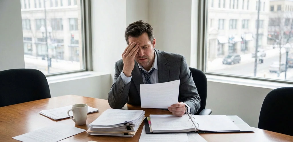 A man in a suit sits at a conference table reading papers, looking stressed, with files, documents about a commercial cleaning contract Kansas City, and a coffee mug in front of him.