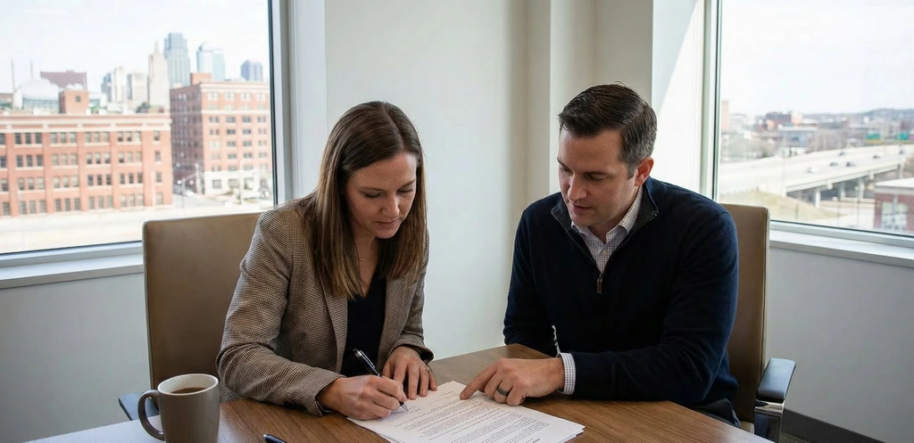 Two people sit at a table in an office with city views; one is signing a commercial cleaning contract for Kansas City while the other points at the paperwork.