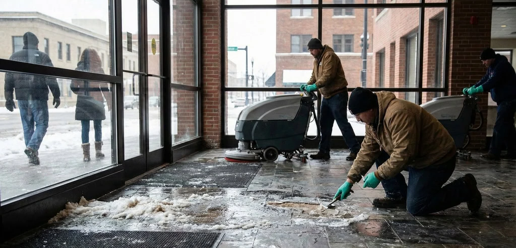 Workers clean slushy snow from a tiled building entrance; one person scrapes the floor while others use commercial floor cleaning machines. Snow is visible outside through large windows, highlighting professional commercial floor cleaning Kansas City relies on.