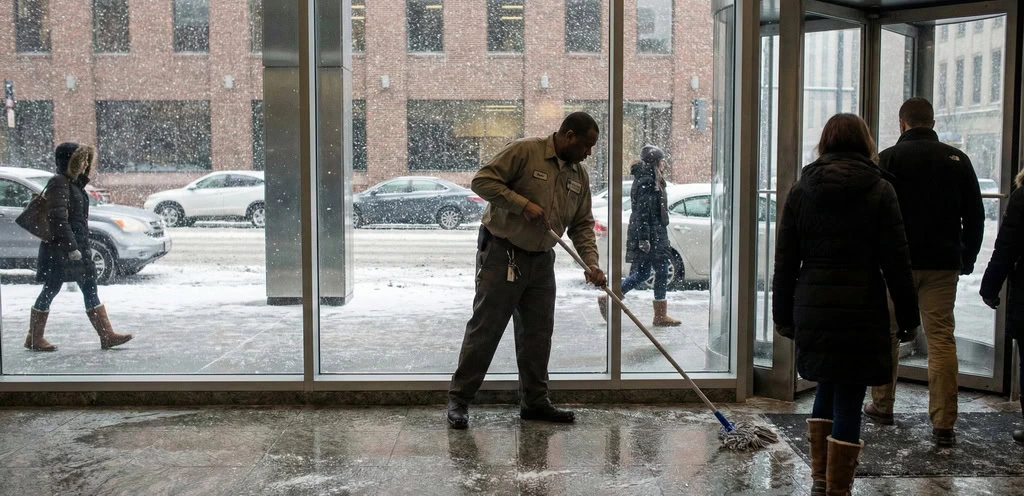 A custodian mops the wet floor near the entrance of a building while people walk outside in snowy weather, showcasing the importance of day porter services Kansas City relies on for clean and safe entryways.