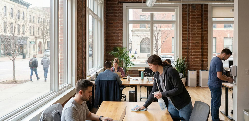 People working at desks in a modern office with large windows, exposed brick walls, and indoor plants. One person, part of the office disinfection services Kansas City team, is cleaning a table while others use laptops or walk around.