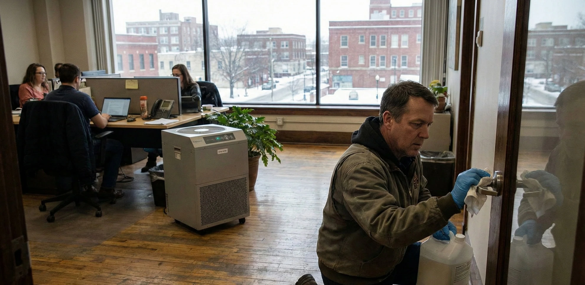 A man provides office disinfection services in a Kansas City workspace, cleaning a doorknob while three people work at desks; large windows reveal a snowy urban scene outside.