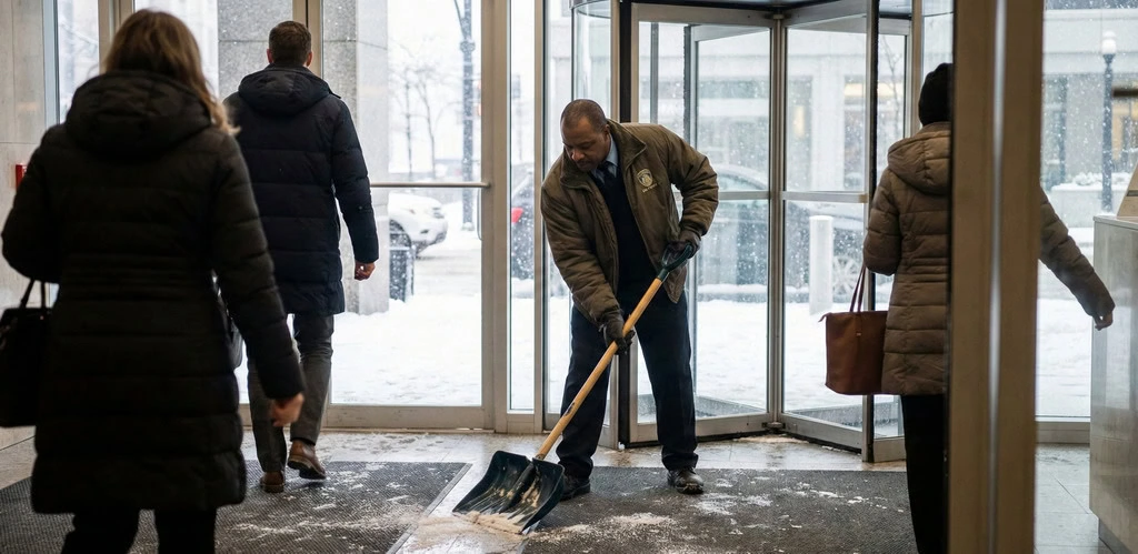 A man provides day porter services Kansas City style, shoveling snow from inside the building entrance as people in winter coats walk in and out through a revolving door.