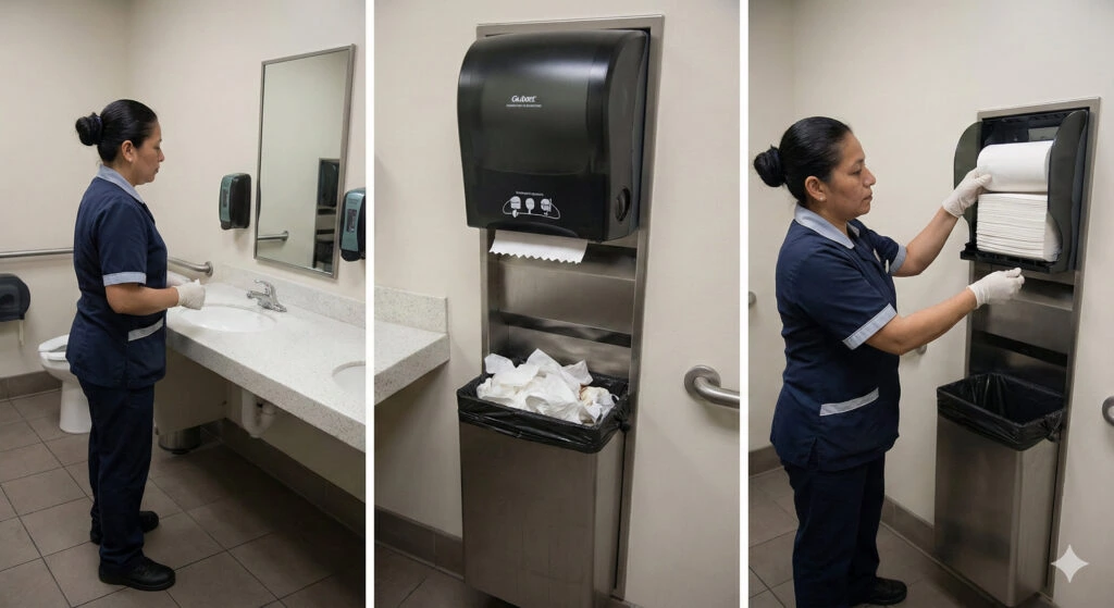 A janitor in uniform provides day porter services Kansas City, cleaning a bathroom, wiping the sink, and refilling the paper towel dispenser.