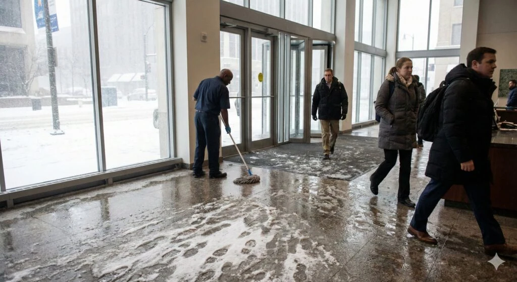 A worker providing day porter services in Kansas City mops wet, snowy floors near the entrance of a building as several people in winter coats walk inside.