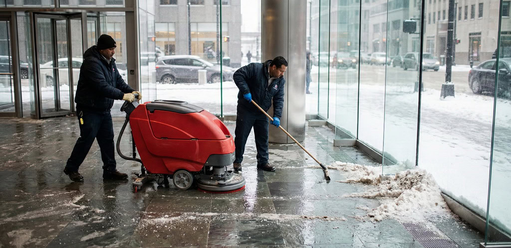 Two workers provide commercial floor cleaning in Kansas City, tackling a wet, snowy building entrance—one uses a floor scrubber while the other sweeps slush near large glass windows on a snowy day.
