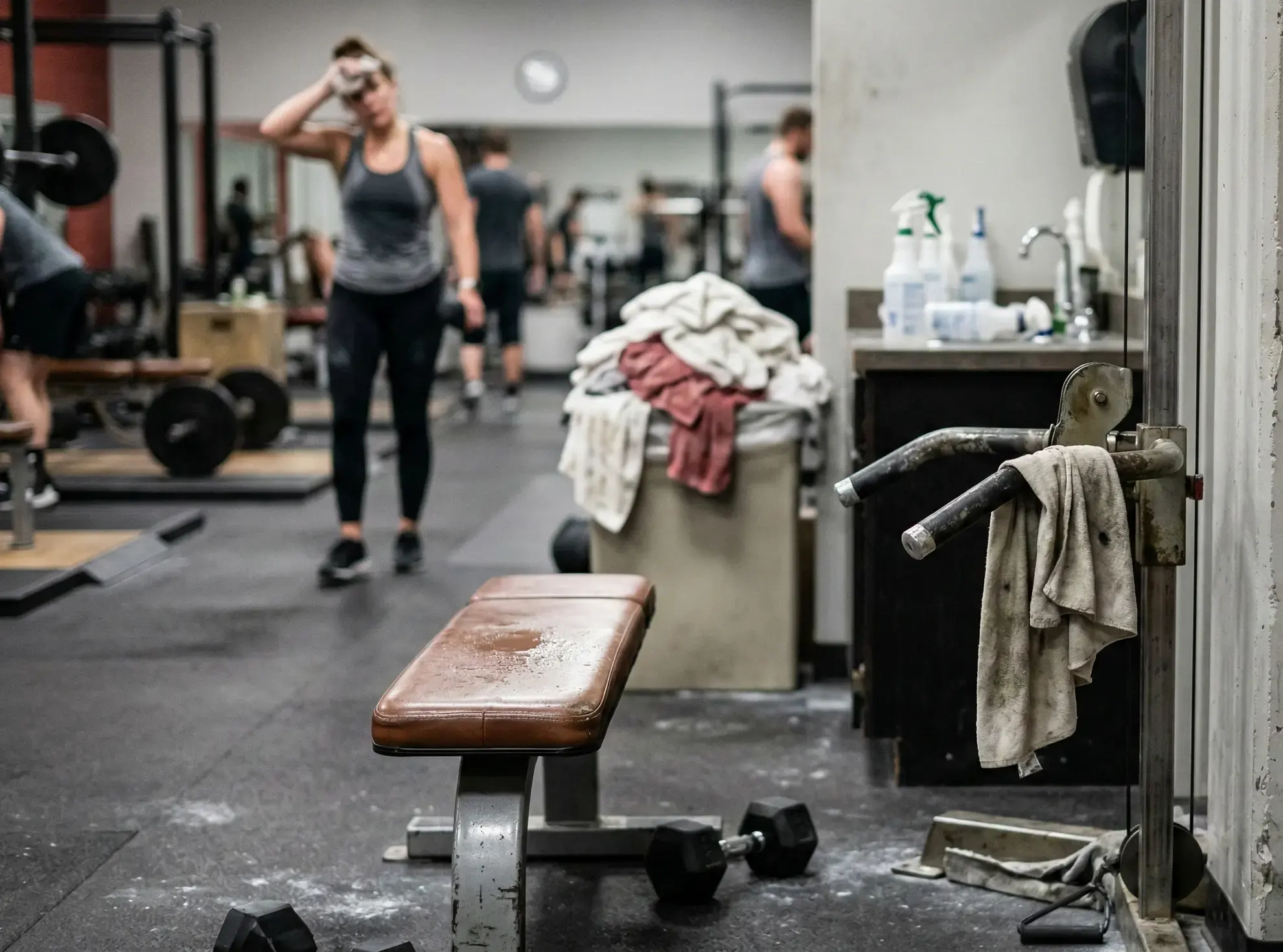 Gym interior with cleaning supplies visible.