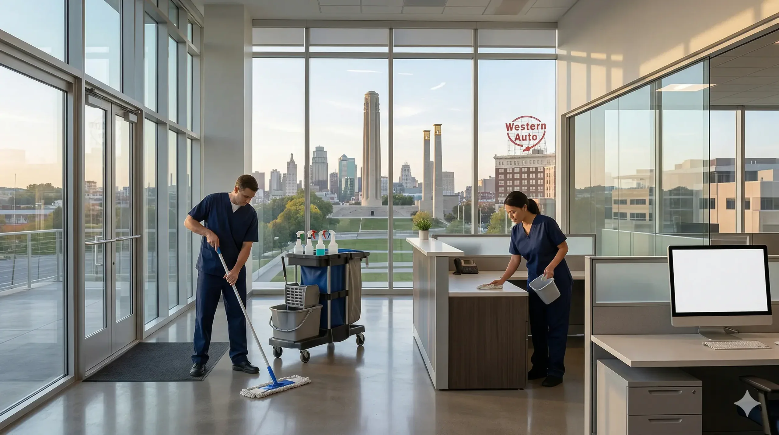 Two cleaners in modern office space.