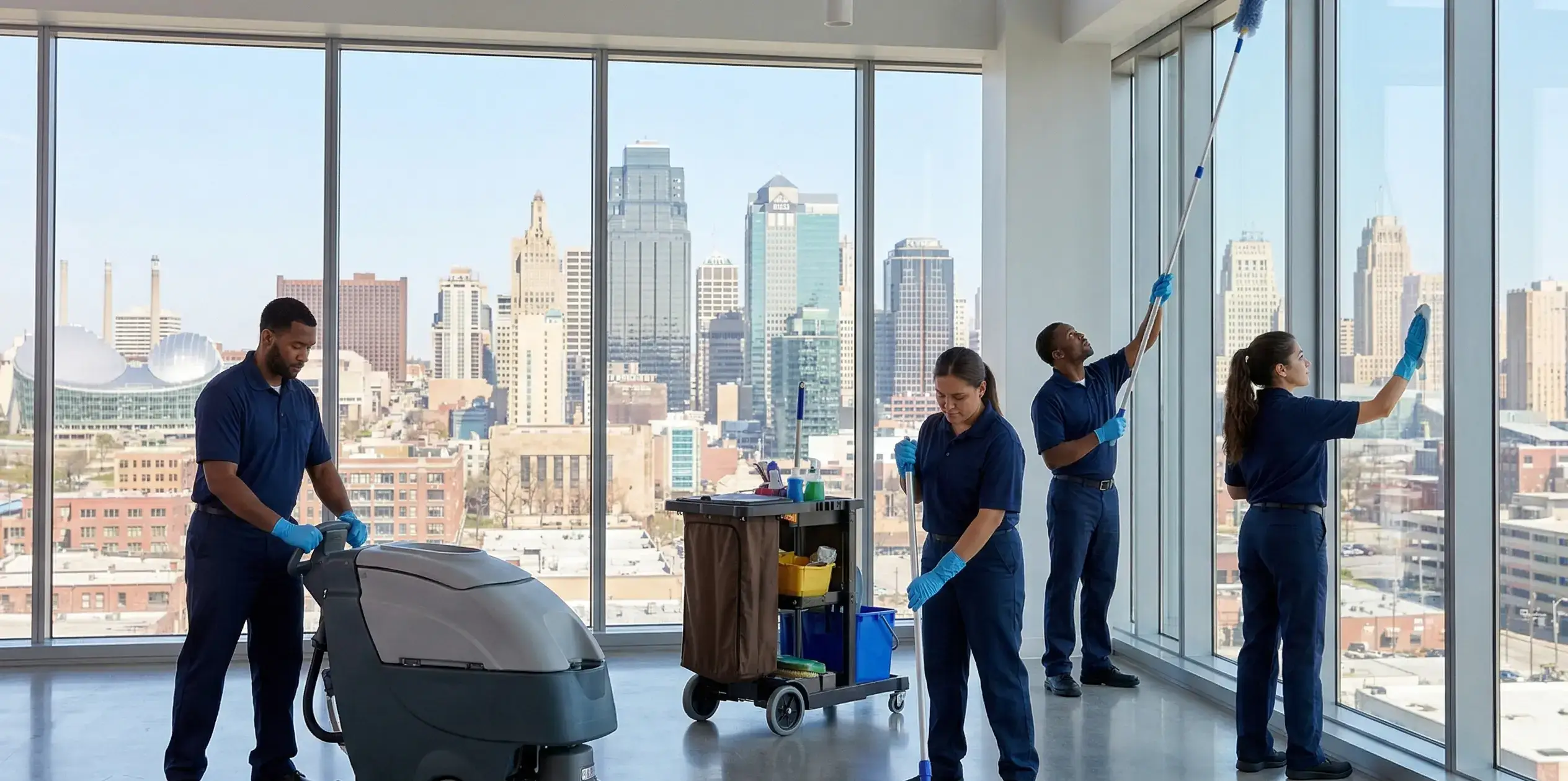 Cleaning crew in modern office space