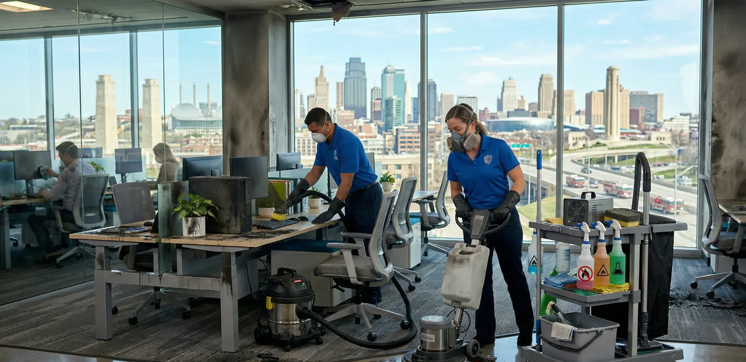 Workers cleaning office after fire damage