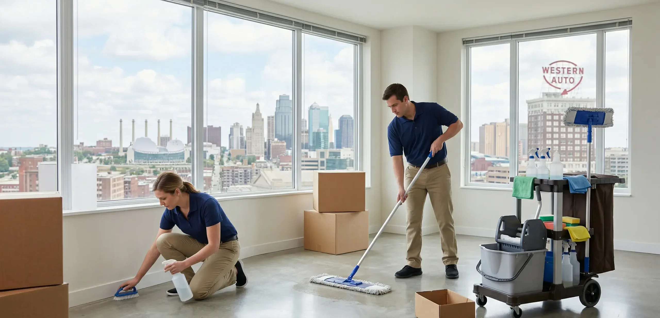 Two people cleaning an empty room.