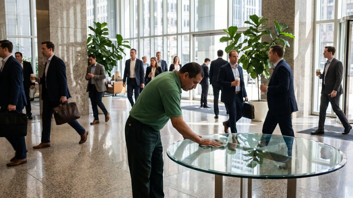 Day porter wiping a glass reception table in a busy Kansas City office lobby during business hours