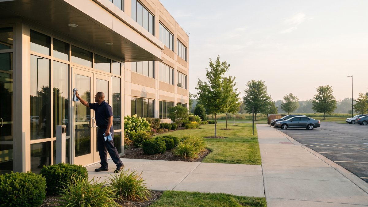 Janitorial technician wiping the glass entrance of a Class A office building in a Lenexa, KS office park at sunrise