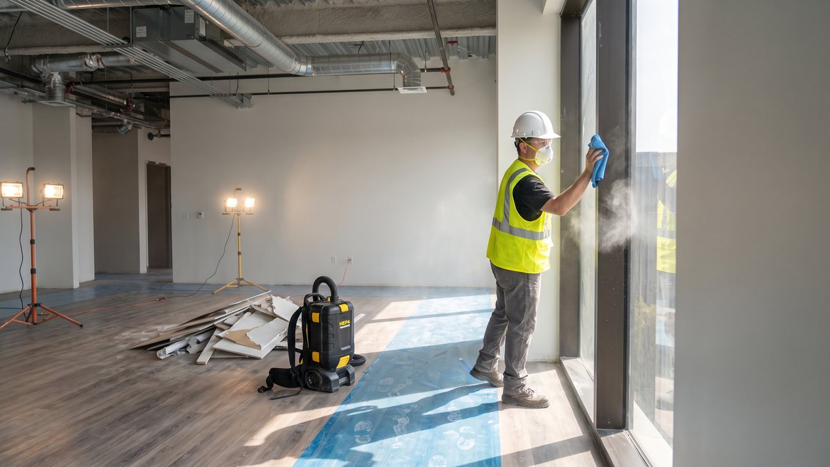 Technician in hard hat and safety vest wiping drywall dust from a window frame during the final clean of a new Kansas City office build-out