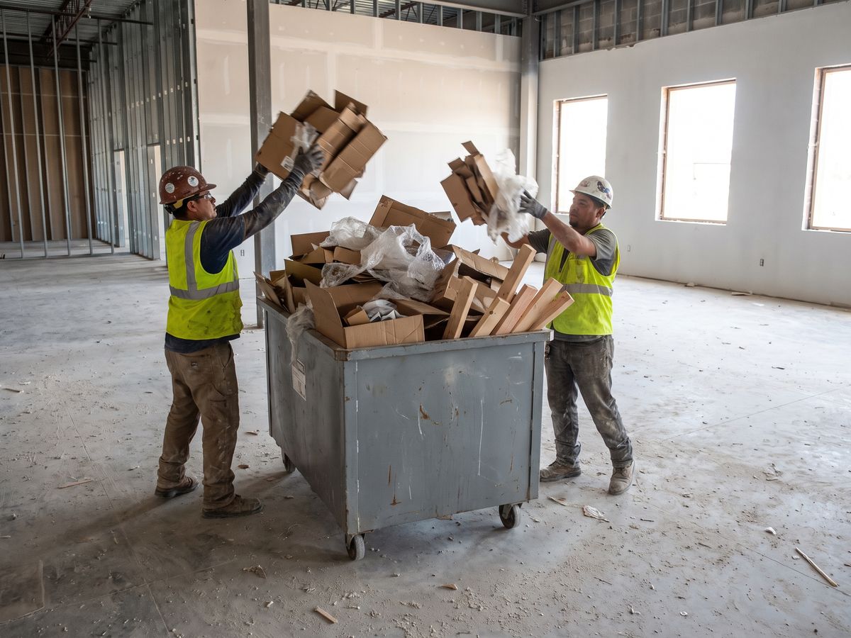 Two construction workers loading cardboard and plastic sheeting into a rolling debris bin during a rough clean of a commercial build-out