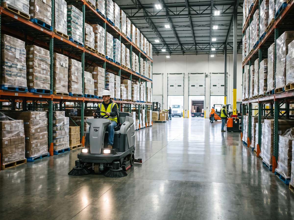 Operator running a ride-on floor scrubber down a distribution warehouse aisle near the I-35 corridor in Lenexa, Kansas